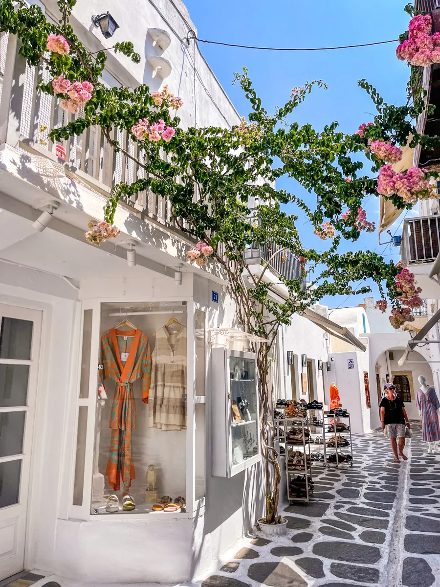 town with cycladic tiles on the ground and white buildings with flowers on them.