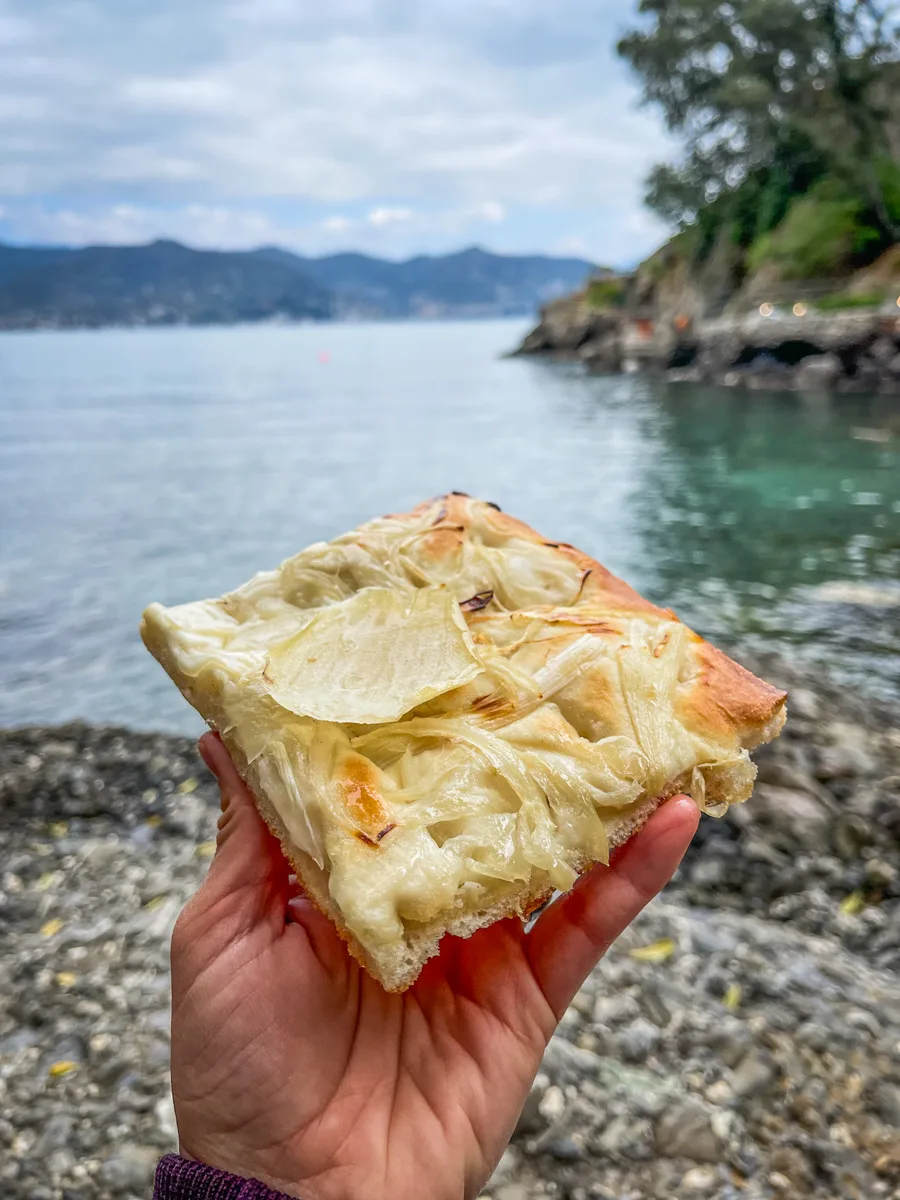 focaccia bread with the sea in the background.