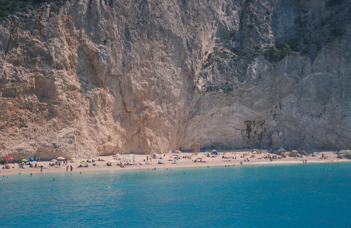 beach with tall cliffs and people sunbathing at the base.