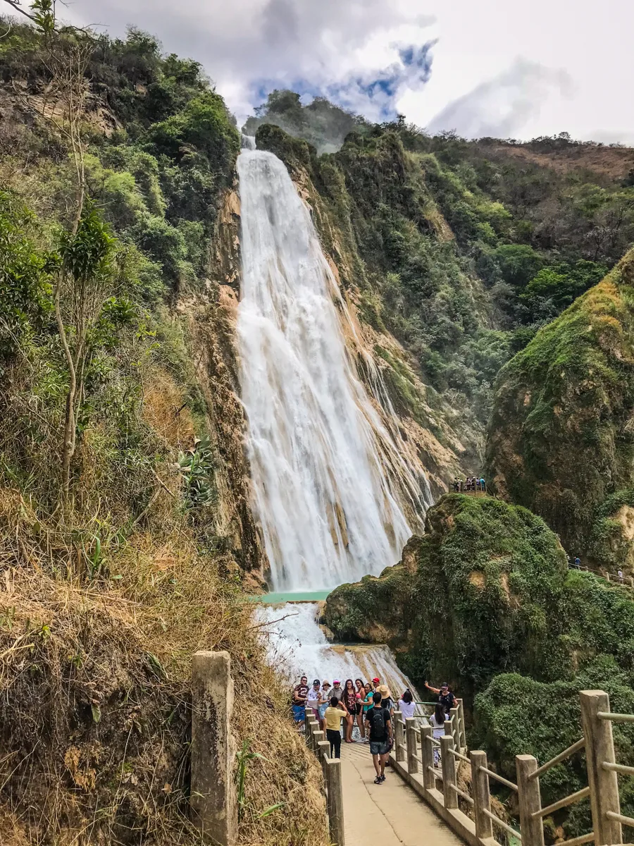 very tall waterfull surrounded by green trees and plants