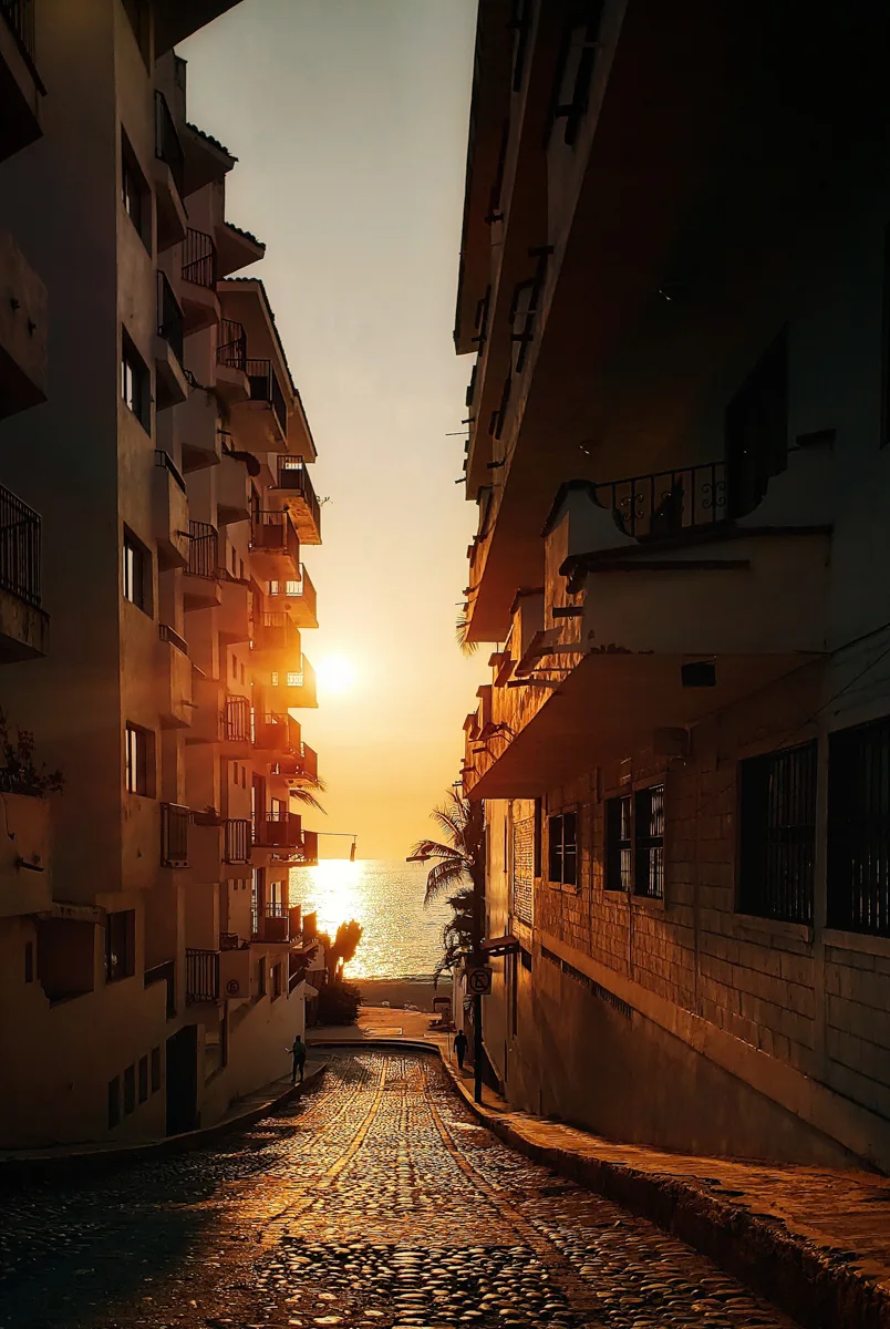 cobbled street down to the beach in mexico with the sun setting between the buildings.