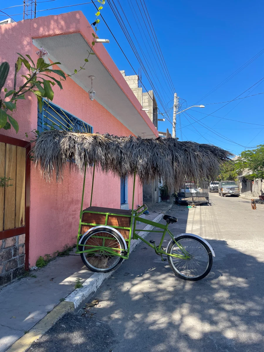 dusty beach town with pink building and a bicycle with a palapa umbrella over it.