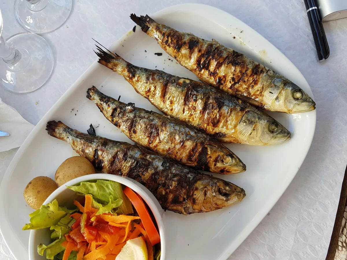 grilled sardines on a plate with a cup of salad on the side.