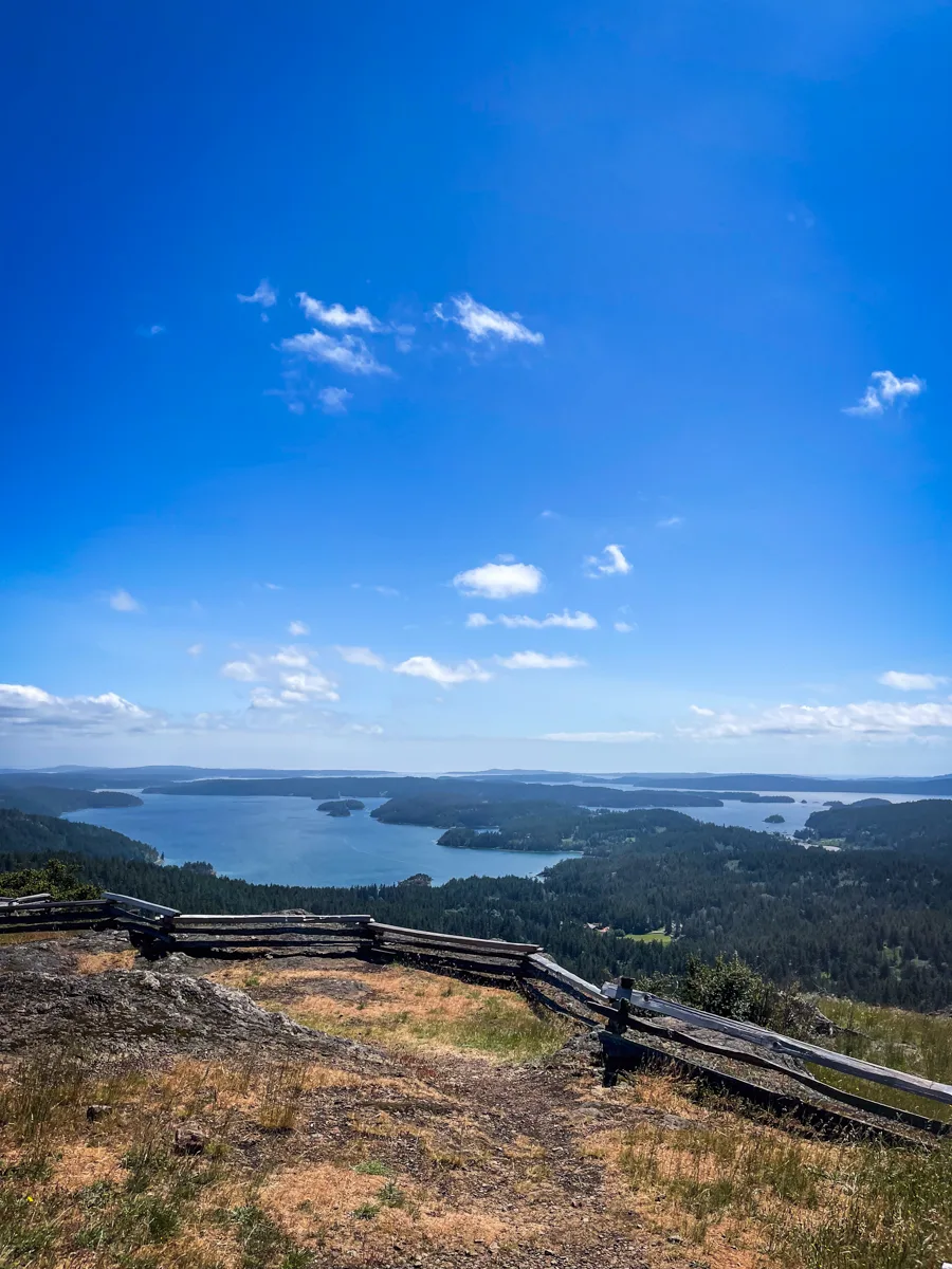 views over islands below at the top of Turtleback mountain, one of the best hikes in Orcas Island.