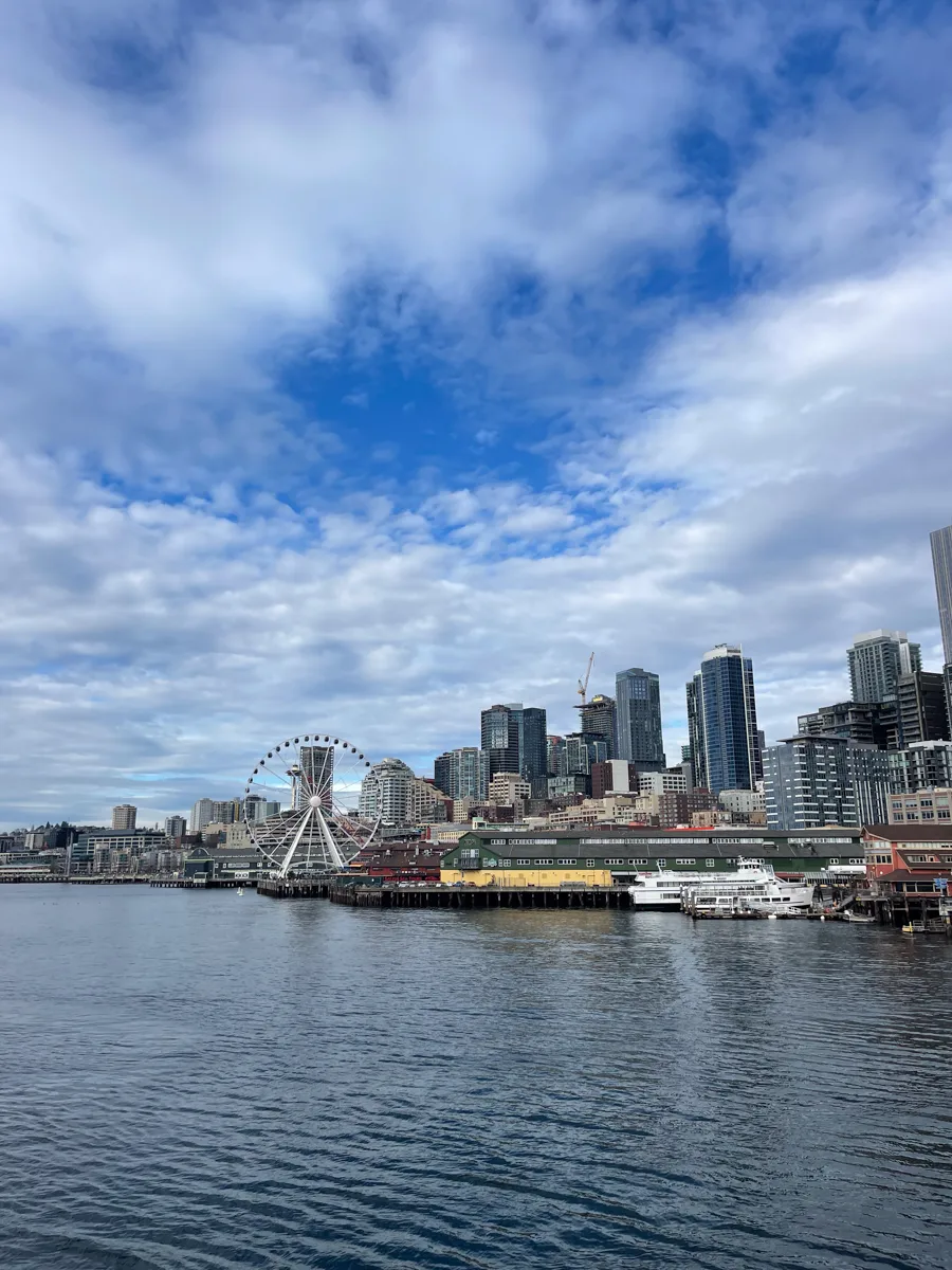 views back over Seattle skyline with skyscrapers and a ferris wheel.