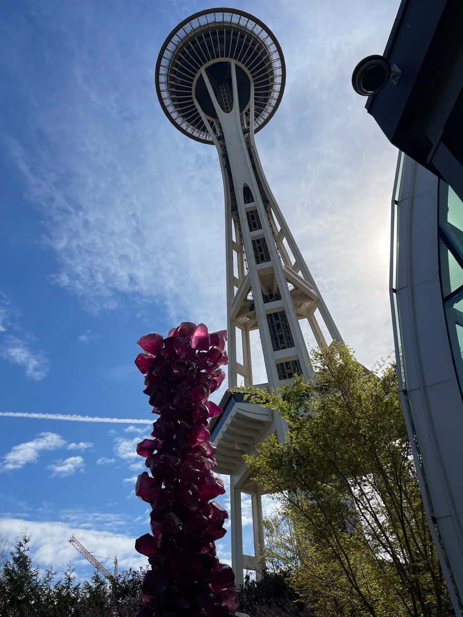 the Seattle Space needle from right underneath it in the Chihuly Garden.