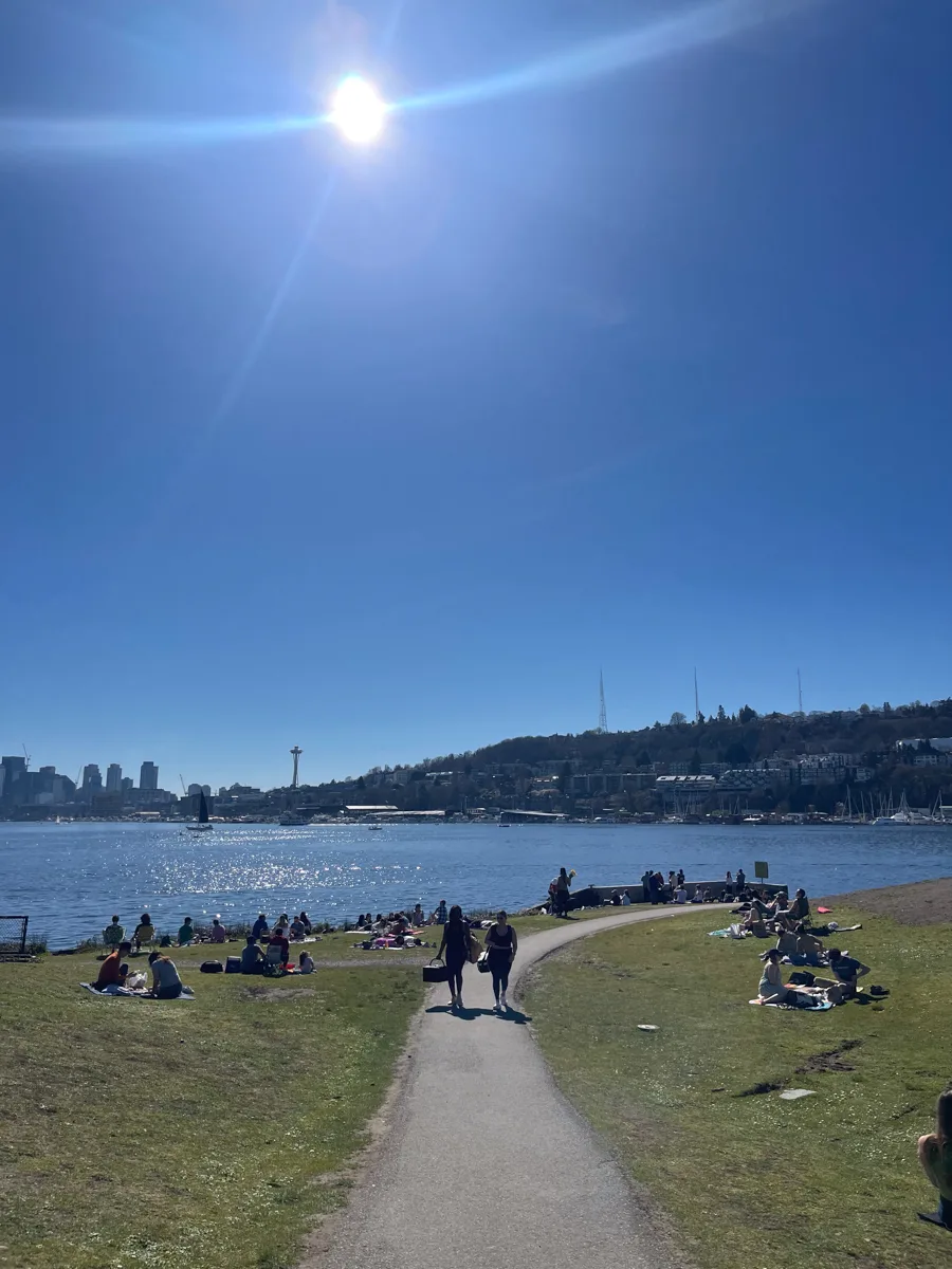 view of seattle in the distance with lake union and a park with a path in the foreground.