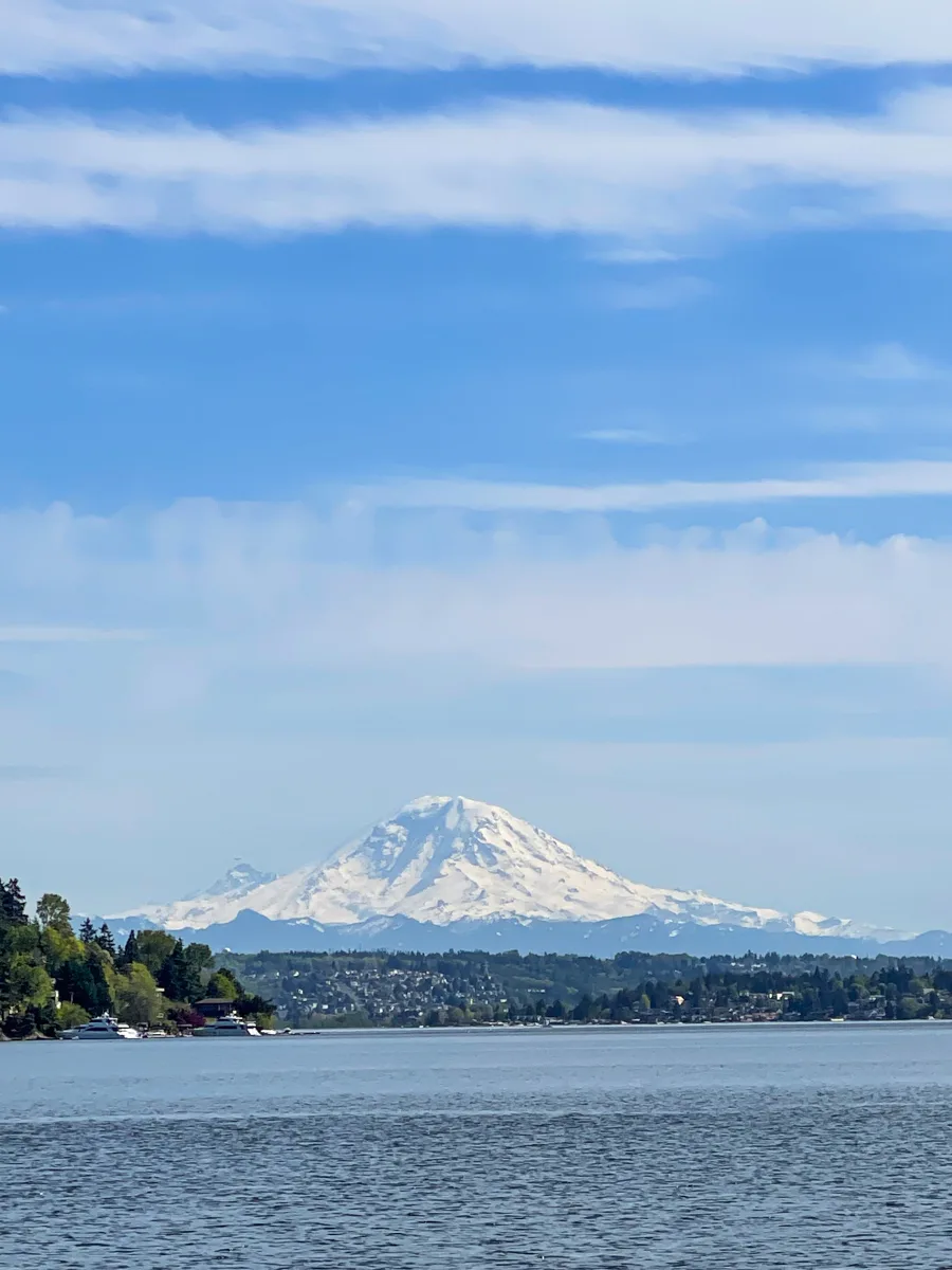 view of mt rainier with lake washington in the foreground.