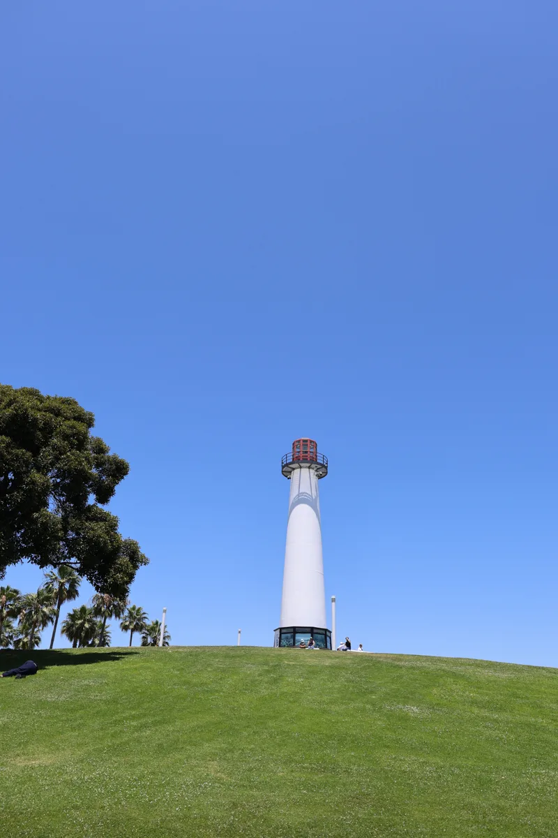 white lighthouse on top of a grassy green hill with a tree to the left and bright blue skies above it.