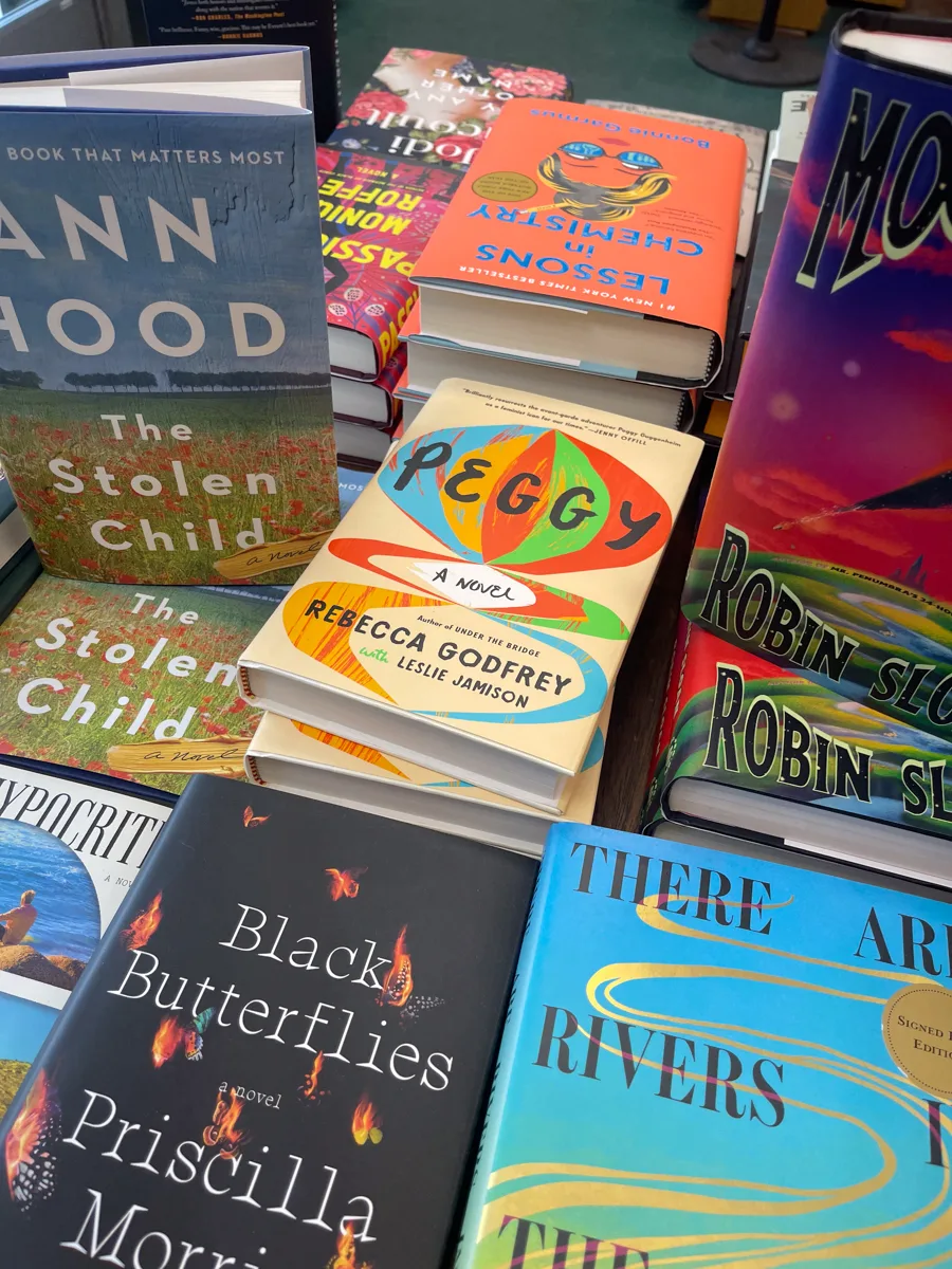stack of books at the bookstore.