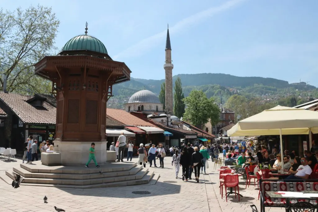mountains with the bazaar in the foreground in sarajevo bosnia.