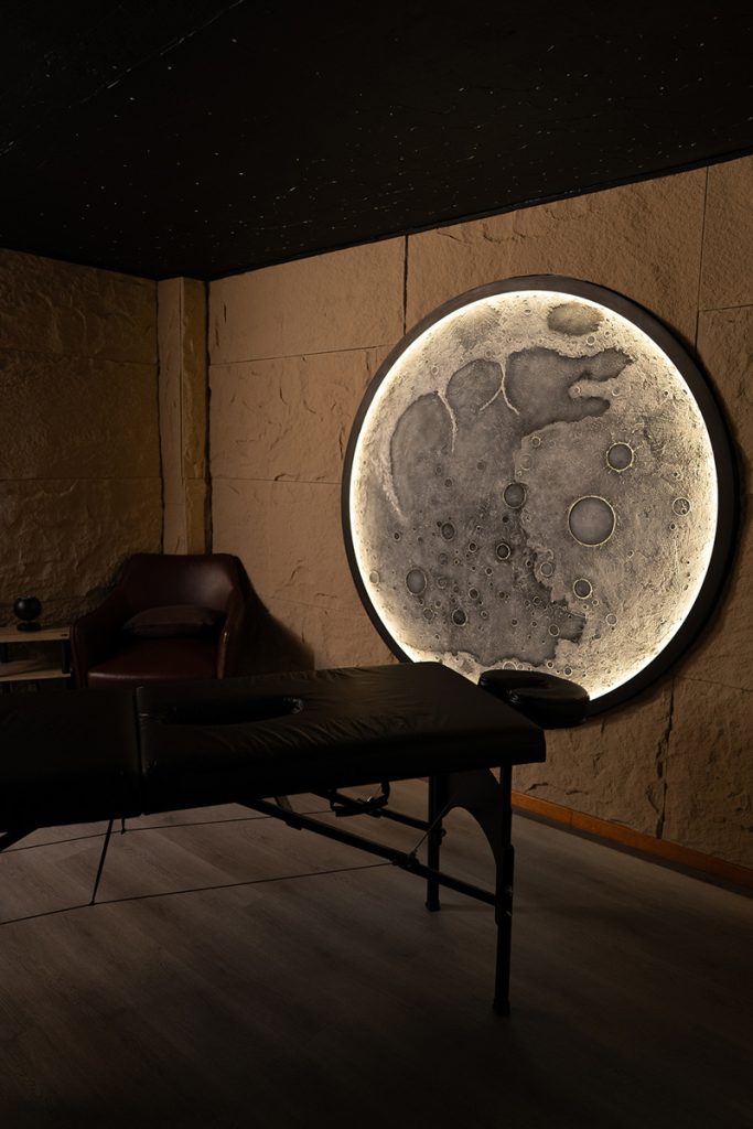 moon behind a massage table in a spa.