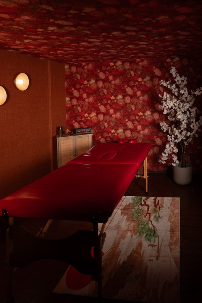 red spa room with a red massage table