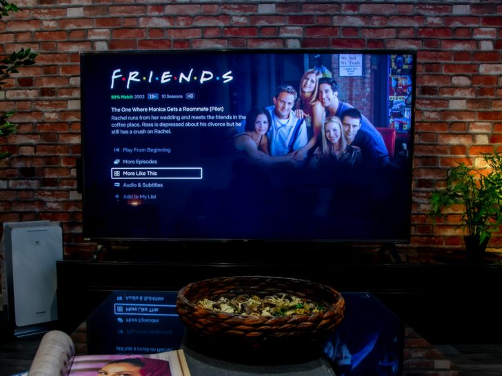 a tv in front of a brick wall with Friends, the TV show ready to play.