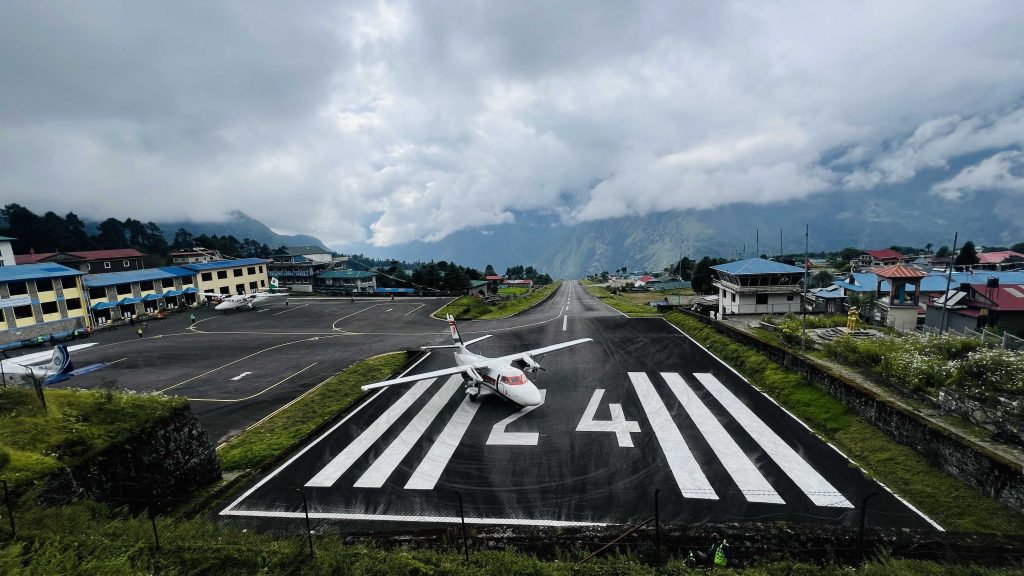 Lukla Airport runway in the himalayas hiking everest base camp